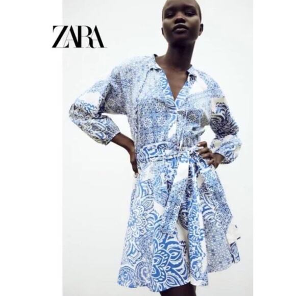 ZARA Belted Long Sleeve Mini Shirt Dress •L• Blue & White Flora Blogger Fave - Picture 2 of 10